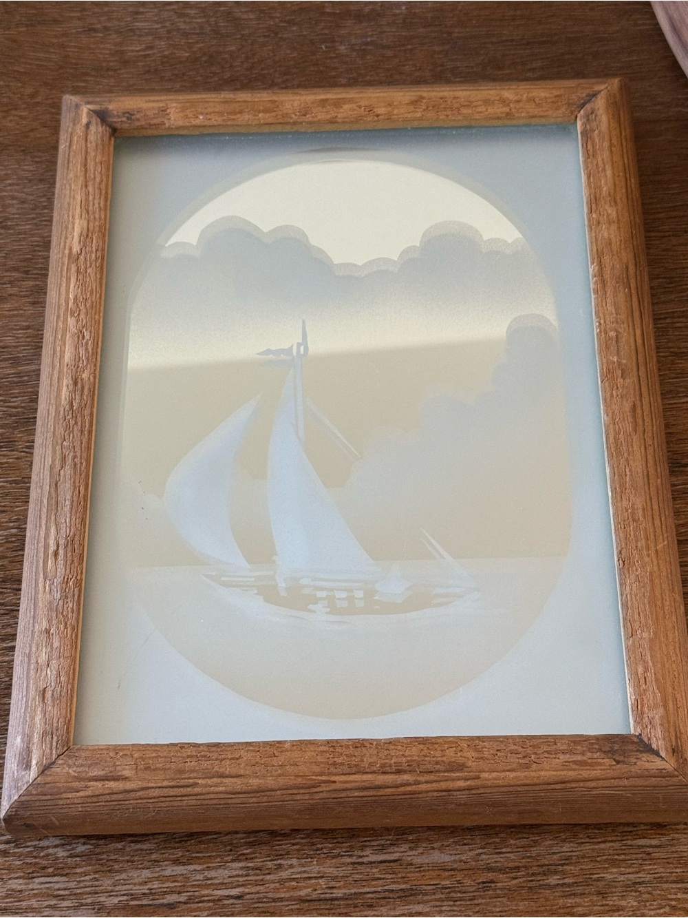 Vintage Brown Framed Etched Glass Sailboat Mirror